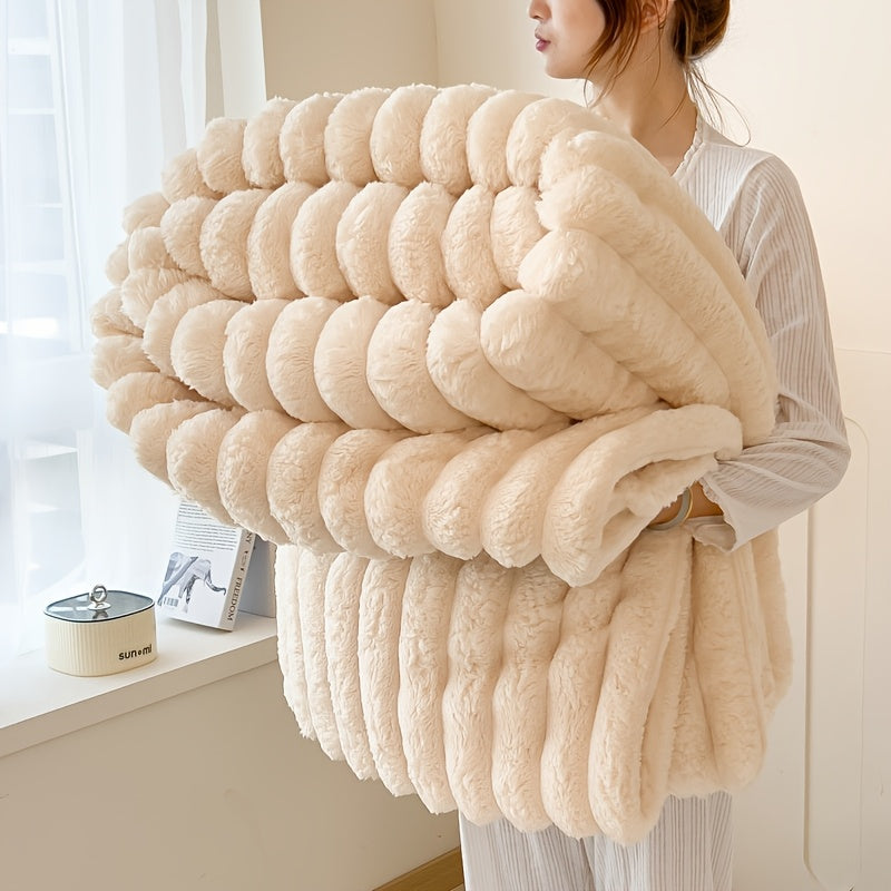 Versatile fleece blanket with a soft stripe pattern. Ideal for napping on the couch, use in the office, or outdoor camping. All-season warmth.