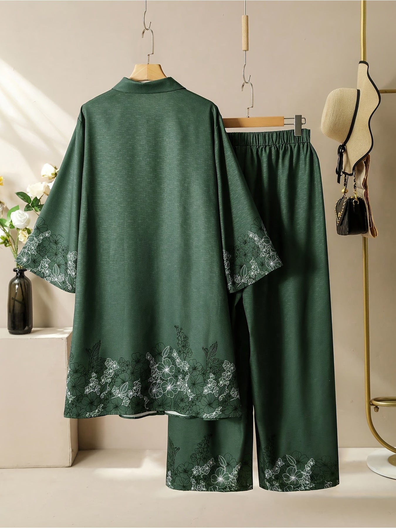 Plus Size, 2025 New Women's Floral Line Print Shirt and Wide-Leg Pants Set, Solid Color Bamboo Stripe Comfortable Loose Casual Plus Size Outfit