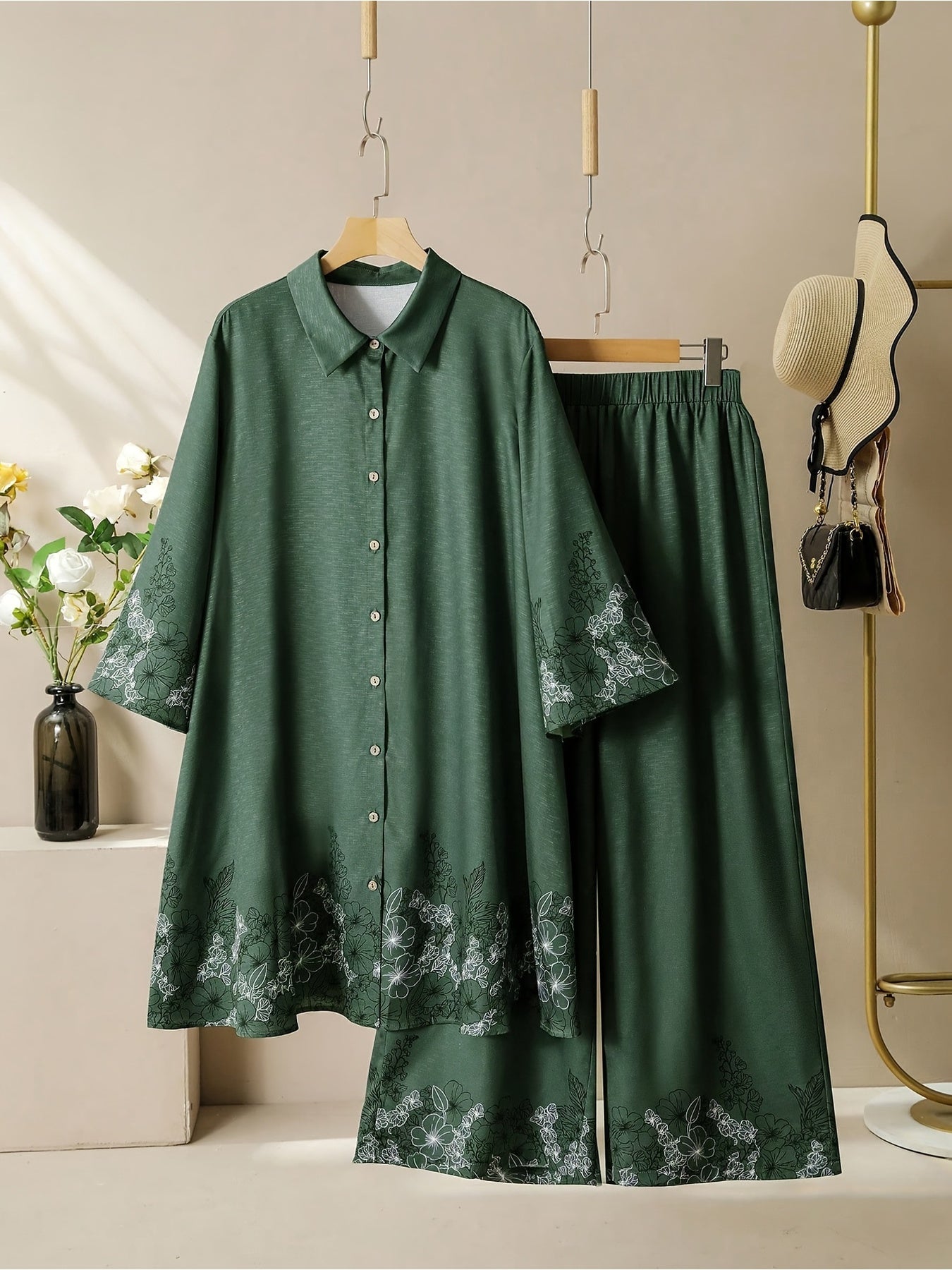 Plus Size, 2025 New Women's Floral Line Print Shirt and Wide-Leg Pants Set, Solid Color Bamboo Stripe Comfortable Loose Casual Plus Size Outfit