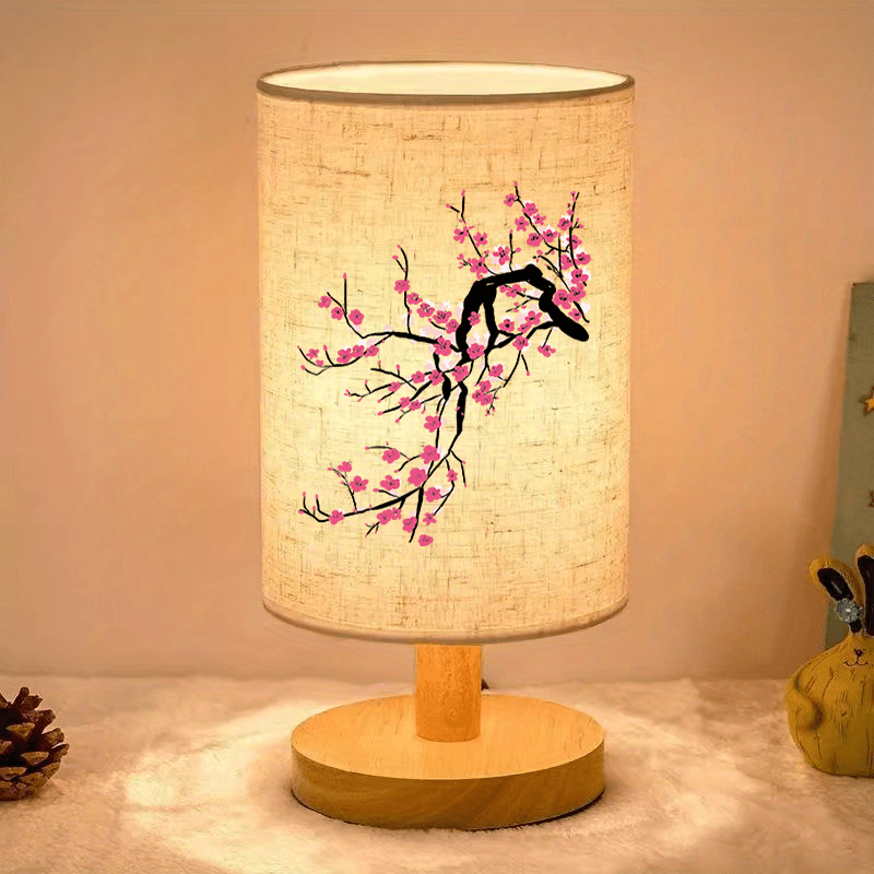 Vintage Plum Blossom Print Atmosphere Bedside Lamp, Log Color Table Lamp, LED Light Suitable for Bedroom and Dormitory, Indoor LED Light with Cloth Shade, Powered by USB - No Battery Required - Suitable for Home and Office Use, Gift Giving