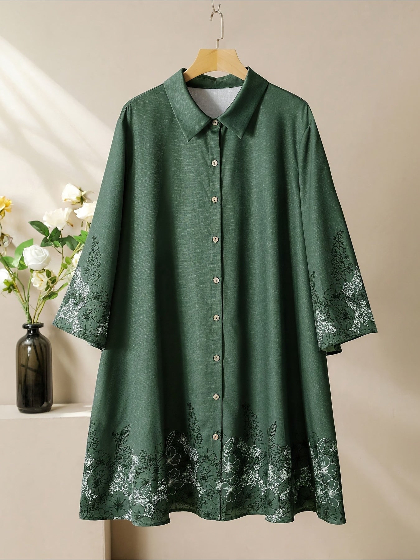 Plus Size, 2025 New Women's Floral Line Print Shirt and Wide-Leg Pants Set, Solid Color Bamboo Stripe Comfortable Loose Casual Plus Size Outfit